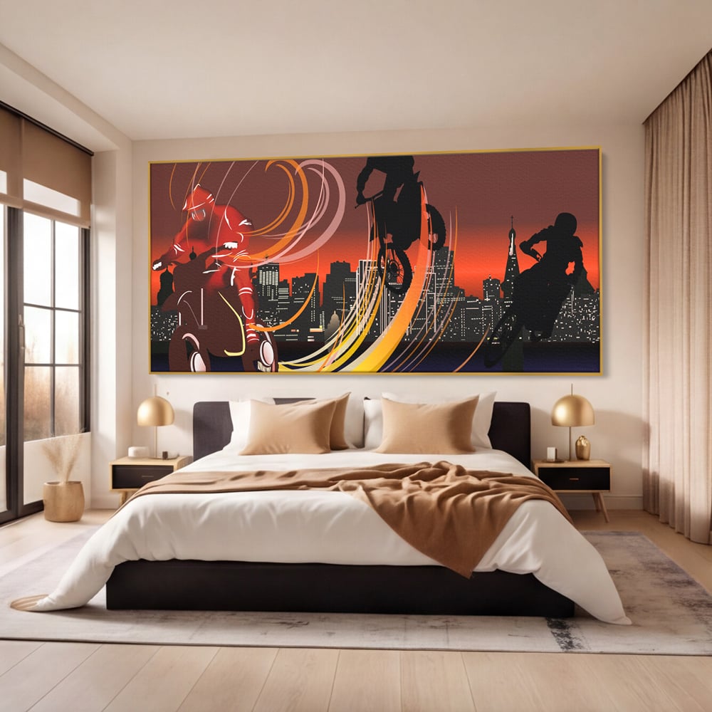 Tablou Canvas Premium LuxCanva® C1056, Riders In The Night , Race, Motorcycle, Camera Copilului, Game Room, Relaxare, Culori Vibrante