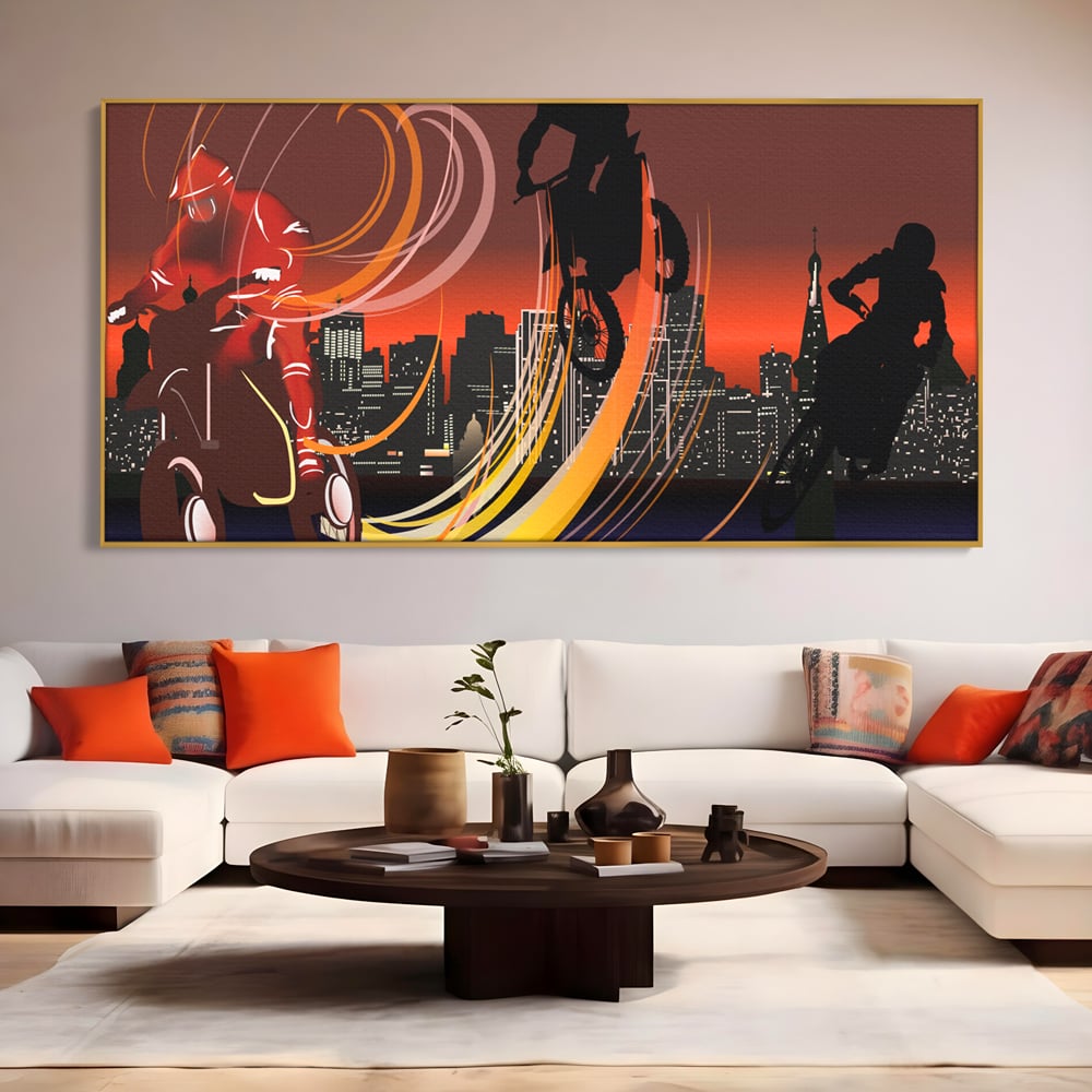Tablou Canvas Premium LuxCanva® C1056, Riders In The Night , Race, Motorcycle, Camera Copilului, Game Room, Relaxare, Culori Vibrante