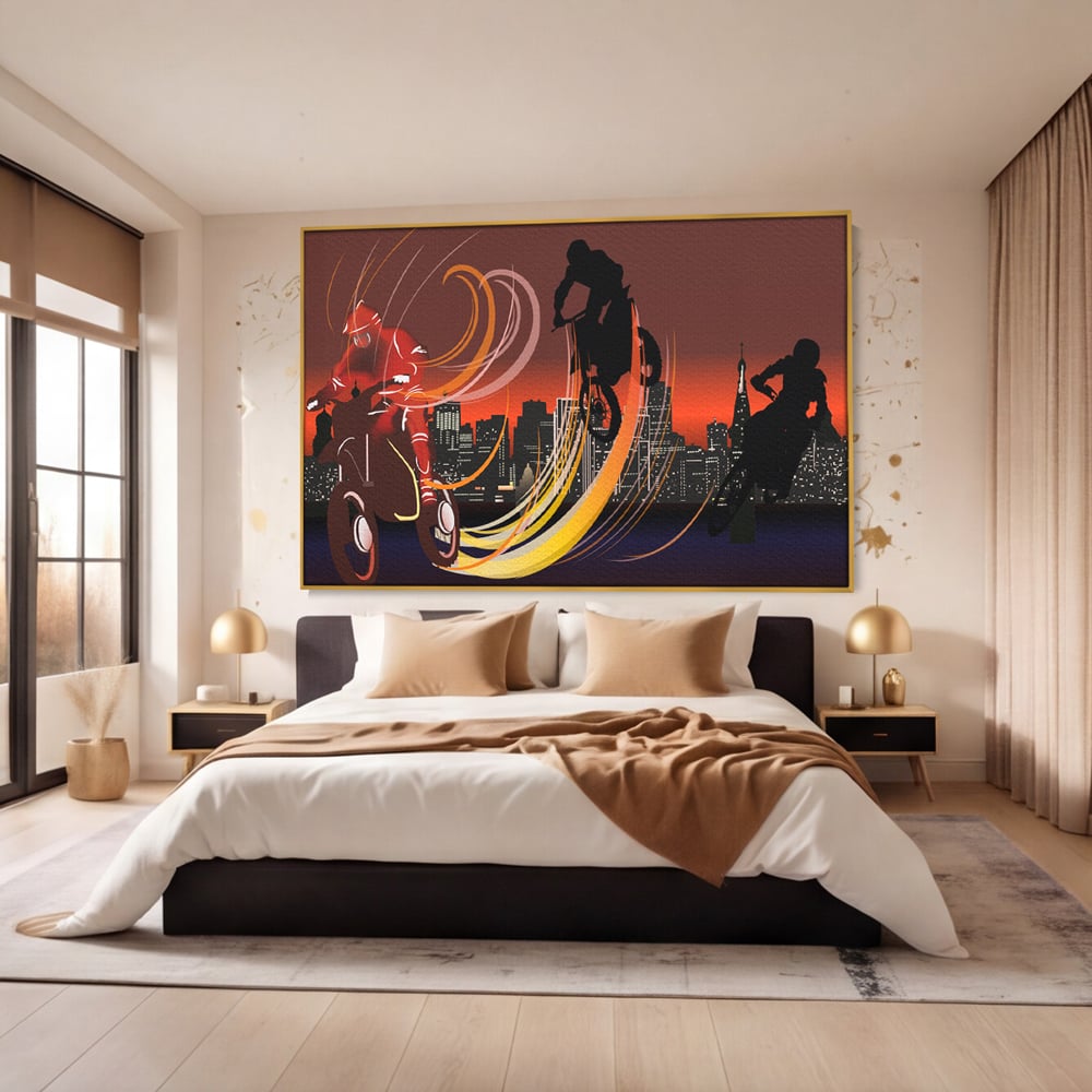 Tablou Canvas Premium LuxCanva® C1056, Riders In The Night , Race, Motorcycle, Camera Copilului, Game Room, Relaxare, Culori Vibrante