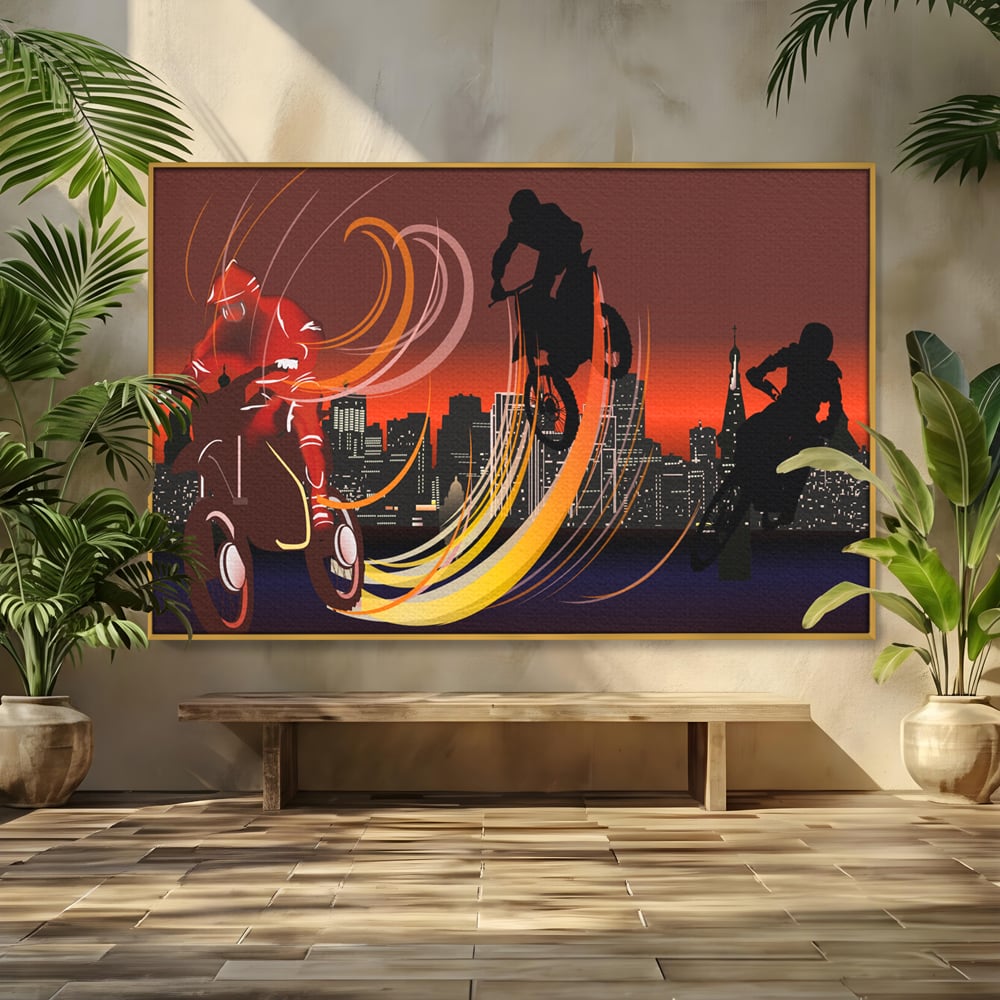 Tablou Canvas Premium LuxCanva® C1056, Riders In The Night , Race, Motorcycle, Camera Copilului, Game Room, Relaxare, Culori Vibrante