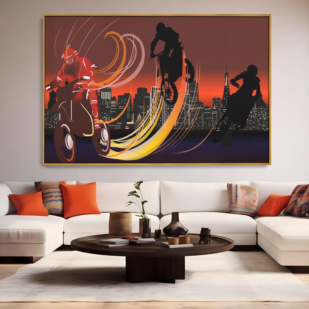 Tablou Canvas Premium LuxCanva® C1056, Riders In The Night , Race, Motorcycle, Camera Copilului, Game Room, Relaxare, Culori Vibrante