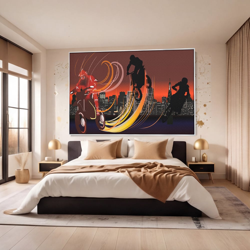 Tablou Canvas Premium LuxCanva® C1056, Riders In The Night , Race, Motorcycle, Camera Copilului, Game Room, Relaxare, Culori Vibrante
