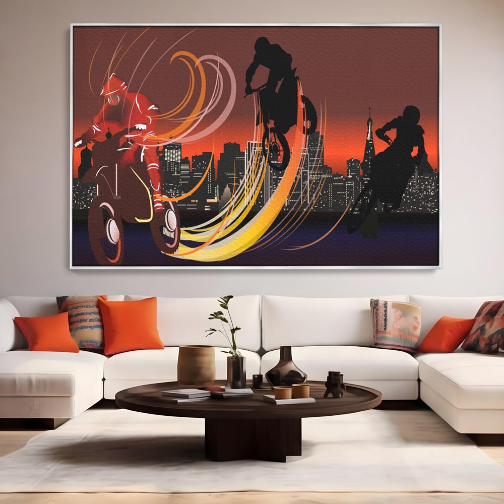 Tablou Canvas Premium LuxCanva® C1056, Riders In The Night , Race, Motorcycle, Camera Copilului, Game Room, Relaxare, Culori Vibrante