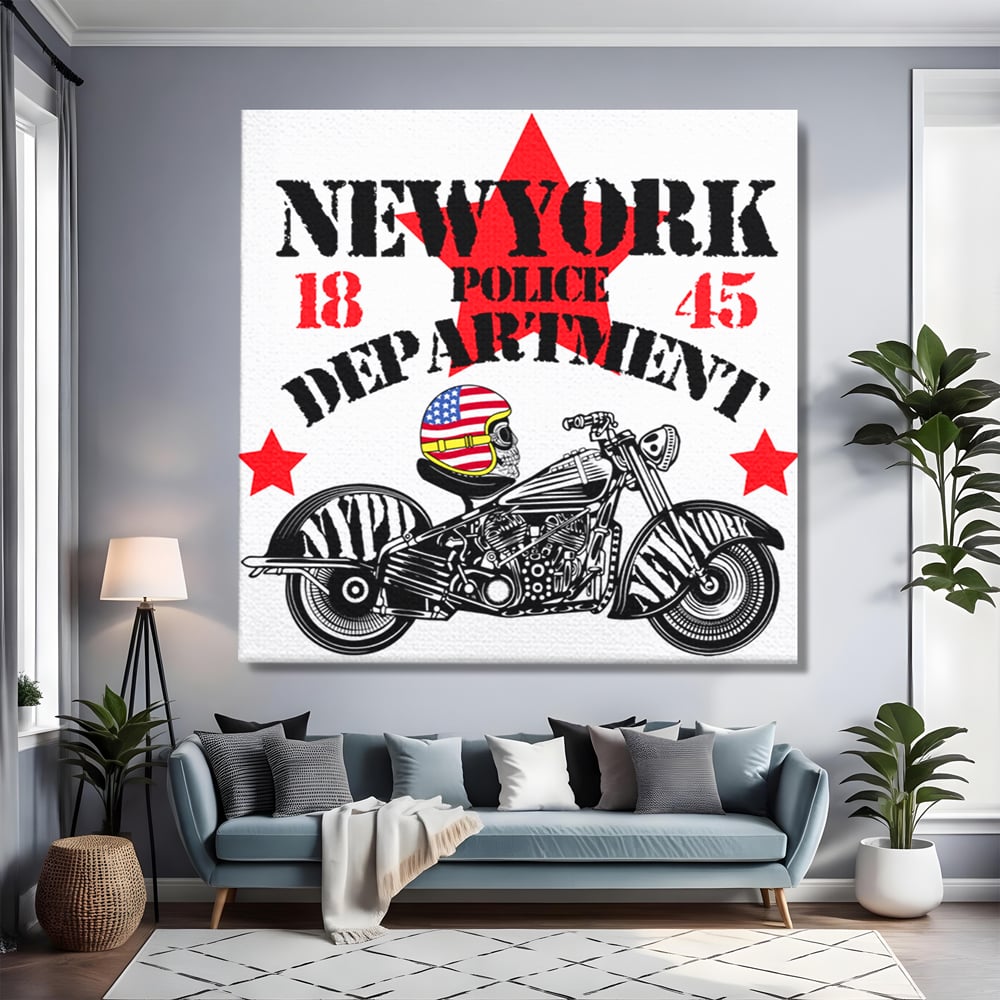 Tablou Canvas Premium LuxCanva® C1060, New York Police Department Badge , Motorcycle, New York, Game Room, Bar, Relaxare, Culori Vibrante