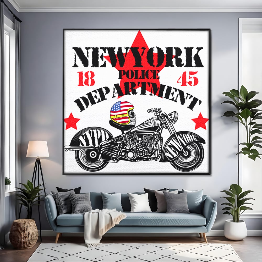 Tablou Canvas Premium LuxCanva® C1060, New York Police Department Badge , Motorcycle, New York, Game Room, Bar, Relaxare, Culori Vibrante