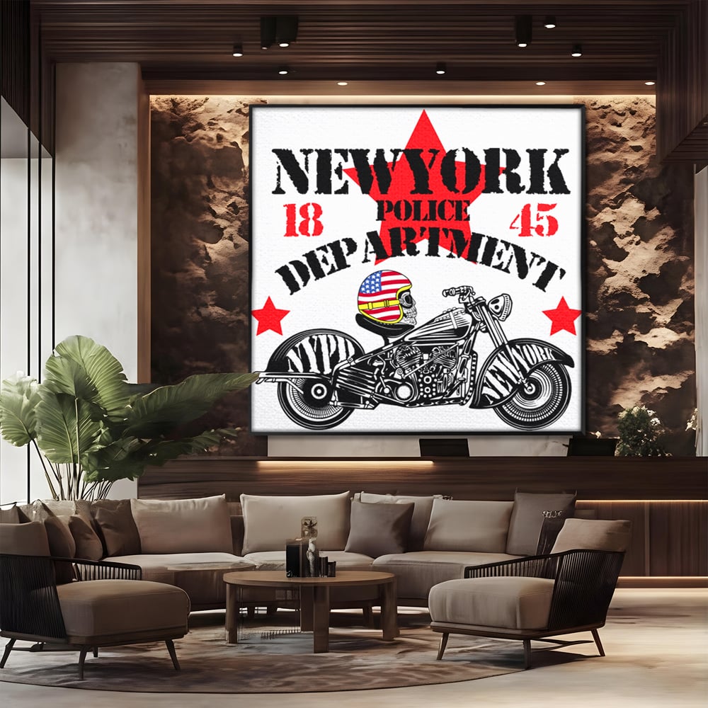 Tablou Canvas Premium LuxCanva® C1060, New York Police Department Badge , Motorcycle, New York, Game Room, Bar, Relaxare, Culori Vibrante