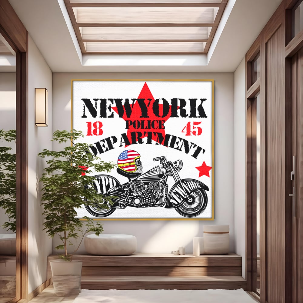 Tablou Canvas Premium LuxCanva® C1060, New York Police Department Badge , Motorcycle, New York, Game Room, Bar, Relaxare, Culori Vibrante