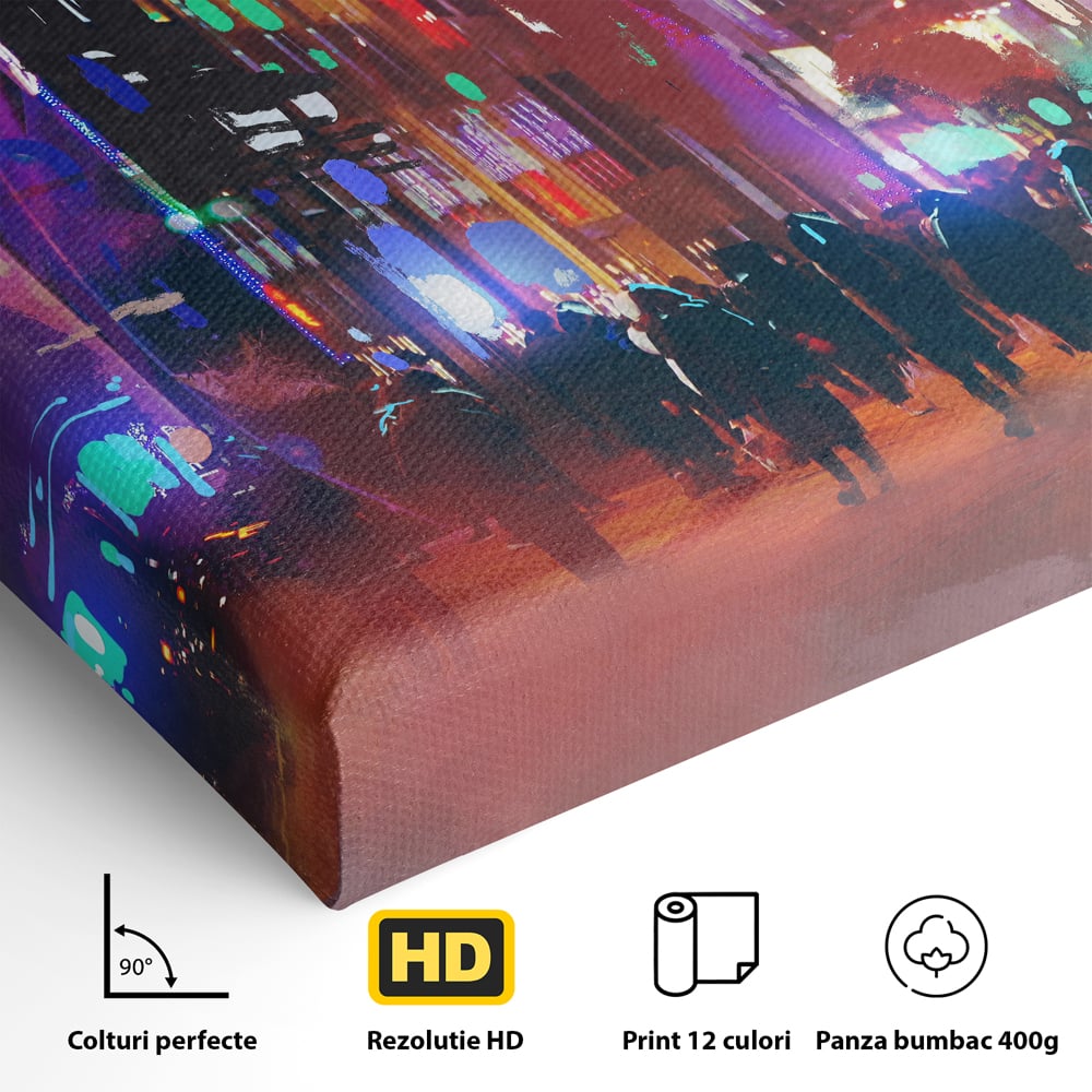 Tablou Canvas Premium LuxCanva® C1063, Downtown Night Walk , Oameni, Lumini, Oras, Living Room, Game Room, Bar Relaxare, Culori Vibrante