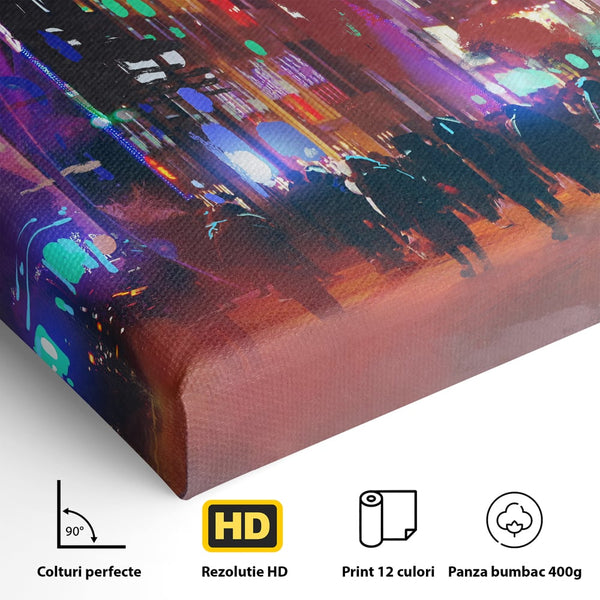 Tablou Canvas Premium LuxCanva® C1063, Downtown Night Walk , Oameni, Lumini, Oras, Living Room, Game Room, Bar Relaxare, Culori Vibrante