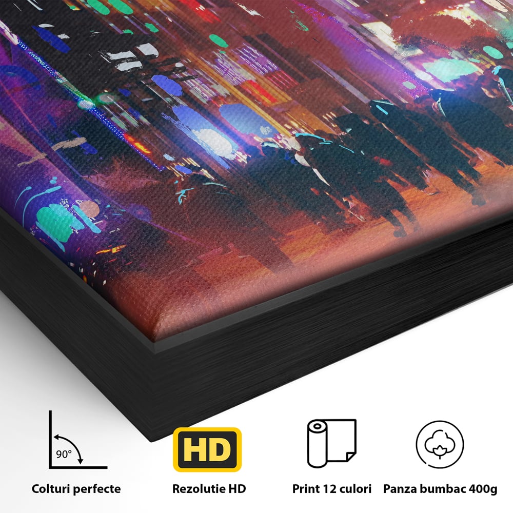 Tablou Canvas Premium LuxCanva® C1063, Downtown Night Walk , Oameni, Lumini, Oras, Living Room, Game Room, Bar Relaxare, Culori Vibrante