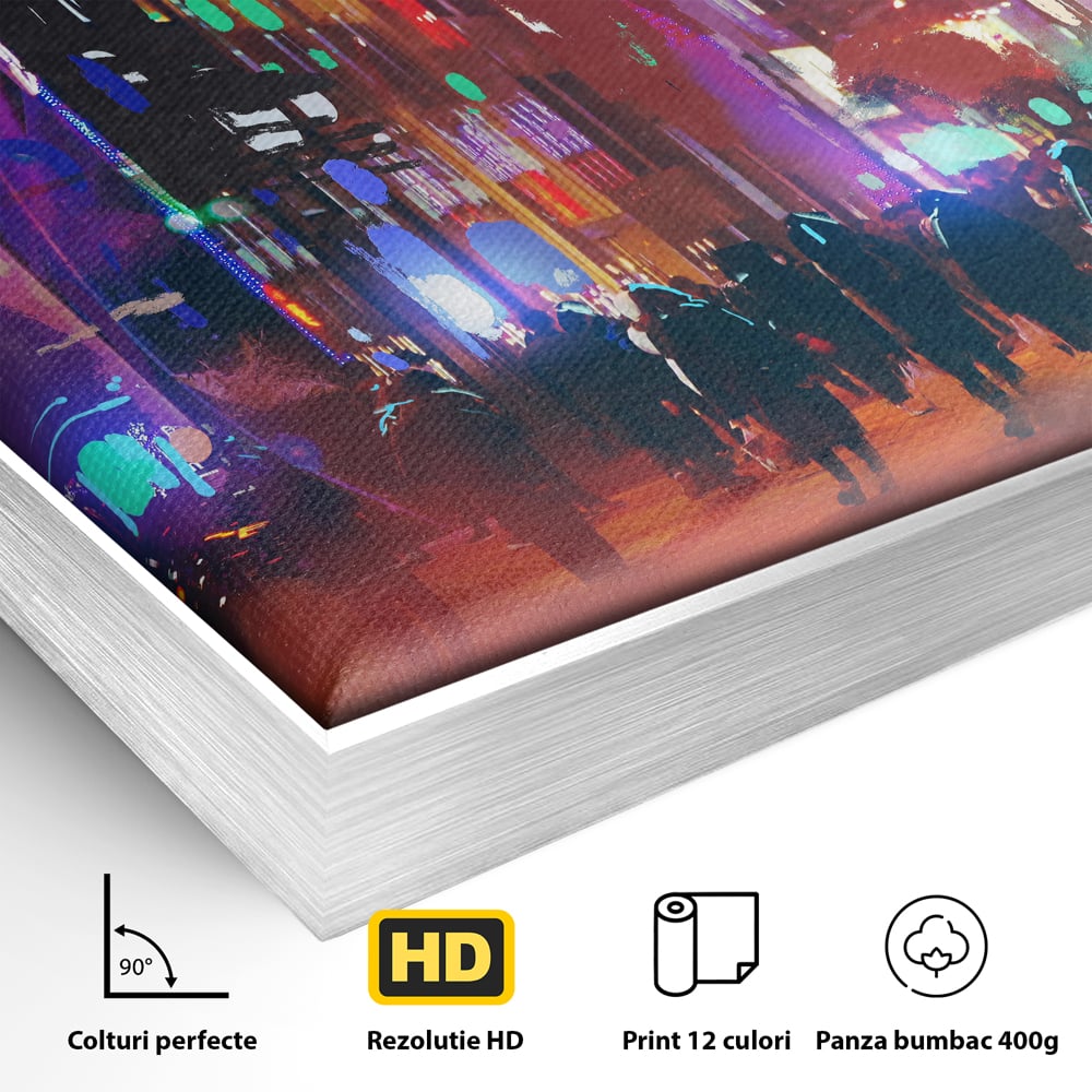 Tablou Canvas Premium LuxCanva® C1063, Downtown Night Walk , Oameni, Lumini, Oras, Living Room, Game Room, Bar Relaxare, Culori Vibrante