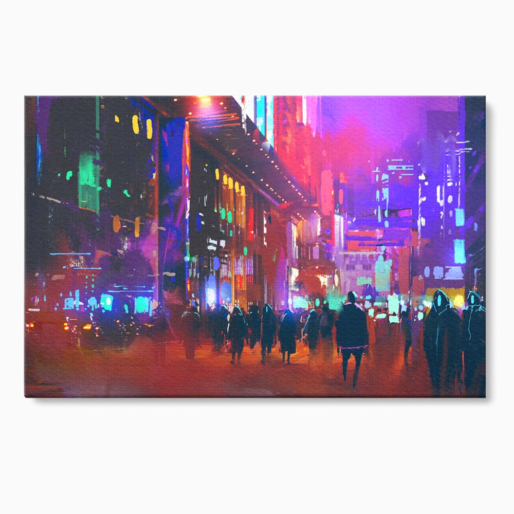 Tablou Canvas Premium LuxCanva® C1063, Downtown Night Walk , Oameni, Lumini, Oras, Living Room, Game Room, Bar Relaxare, Culori Vibrante
