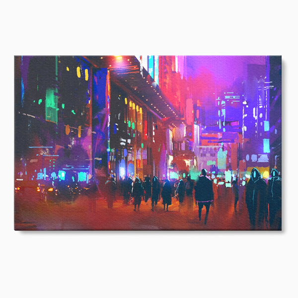 Tablou Canvas Premium LuxCanva® C1063, Downtown Night Walk , Oameni, Lumini, Oras, Living Room, Game Room, Bar Relaxare, Culori Vibrante
