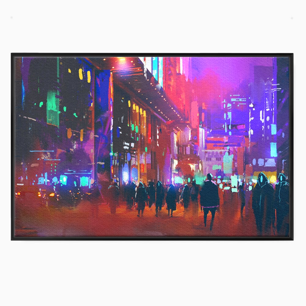 Tablou Canvas Premium LuxCanva® C1063, Downtown Night Walk , Oameni, Lumini, Oras, Living Room, Game Room, Bar Relaxare, Culori Vibrante