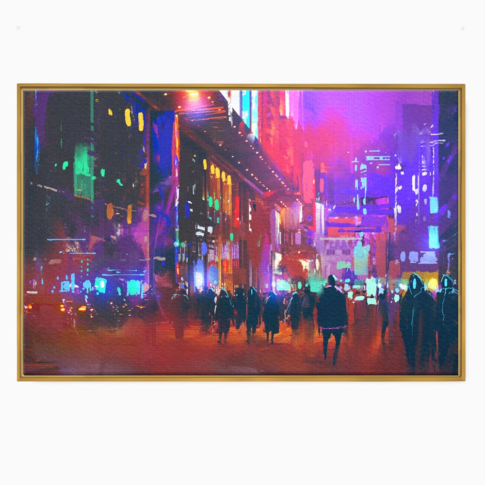Tablou Canvas Premium LuxCanva® C1063, Downtown Night Walk , Oameni, Lumini, Oras, Living Room, Game Room, Bar Relaxare, Culori Vibrante
