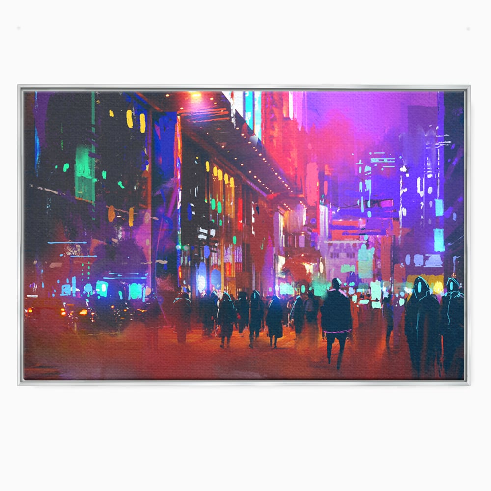 Tablou Canvas Premium LuxCanva® C1063, Downtown Night Walk , Oameni, Lumini, Oras, Living Room, Game Room, Bar Relaxare, Culori Vibrante