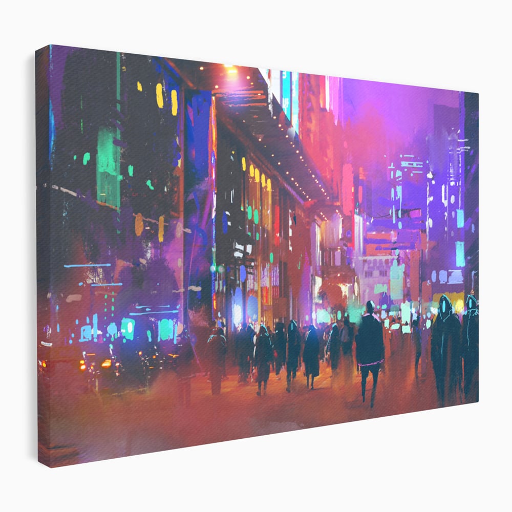 Tablou Canvas Premium LuxCanva® C1063, Downtown Night Walk , Oameni, Lumini, Oras, Living Room, Game Room, Bar Relaxare, Culori Vibrante