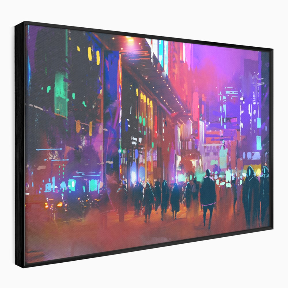 Tablou Canvas Premium LuxCanva® C1063, Downtown Night Walk , Oameni, Lumini, Oras, Living Room, Game Room, Bar Relaxare, Culori Vibrante