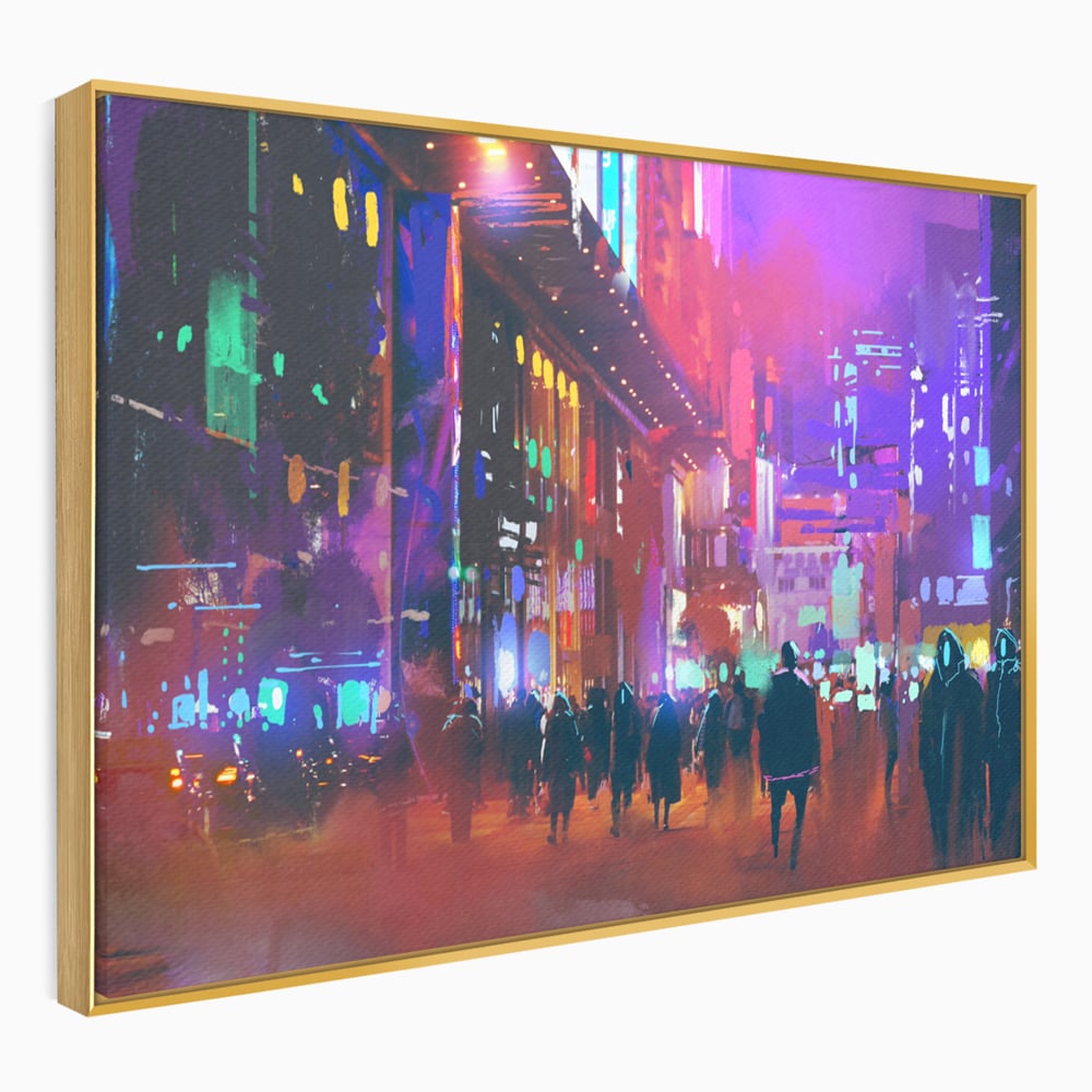 Tablou Canvas Premium LuxCanva® C1063, Downtown Night Walk , Oameni, Lumini, Oras, Living Room, Game Room, Bar Relaxare, Culori Vibrante