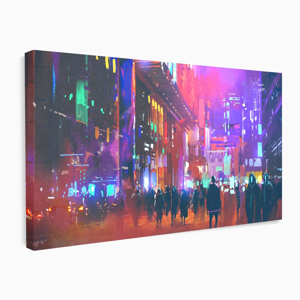 Tablou Canvas Premium LuxCanva® C1063, Downtown Night Walk , Oameni, Lumini, Oras, Living Room, Game Room, Bar Relaxare, Culori Vibrante