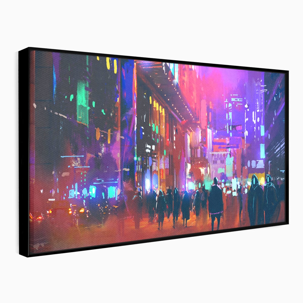 Tablou Canvas Premium LuxCanva® C1063, Downtown Night Walk , Oameni, Lumini, Oras, Living Room, Game Room, Bar Relaxare, Culori Vibrante