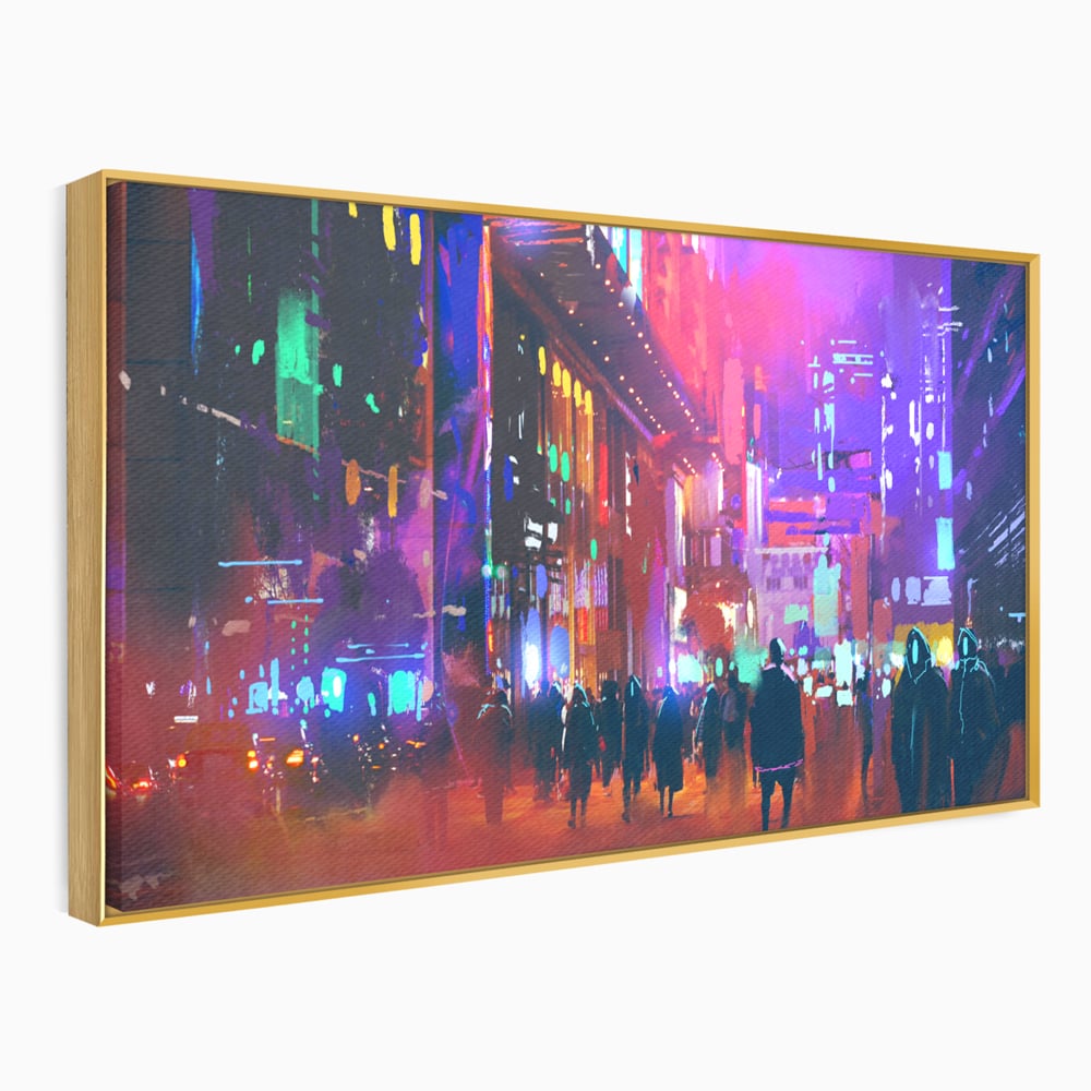 Tablou Canvas Premium LuxCanva® C1063, Downtown Night Walk , Oameni, Lumini, Oras, Living Room, Game Room, Bar Relaxare, Culori Vibrante