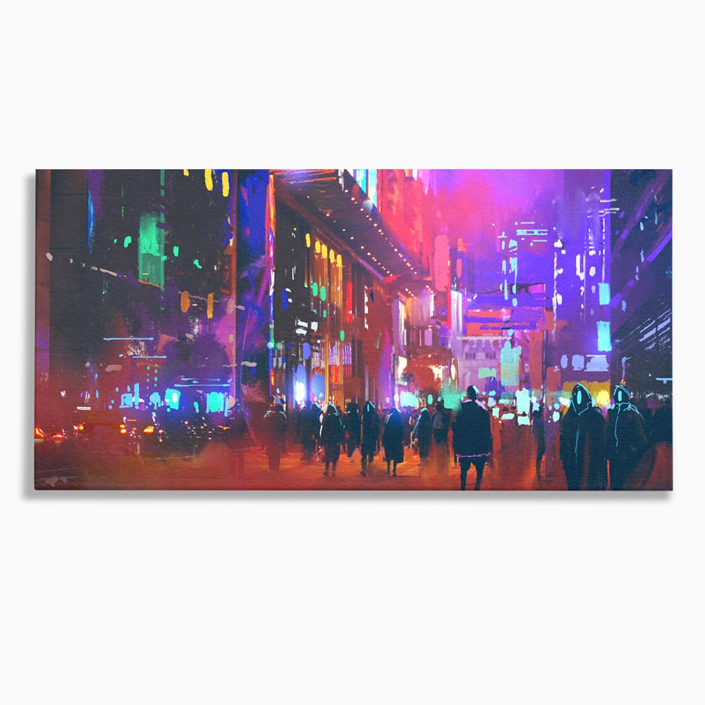 Tablou Canvas Premium LuxCanva® C1063, Downtown Night Walk , Oameni, Lumini, Oras, Living Room, Game Room, Bar Relaxare, Culori Vibrante