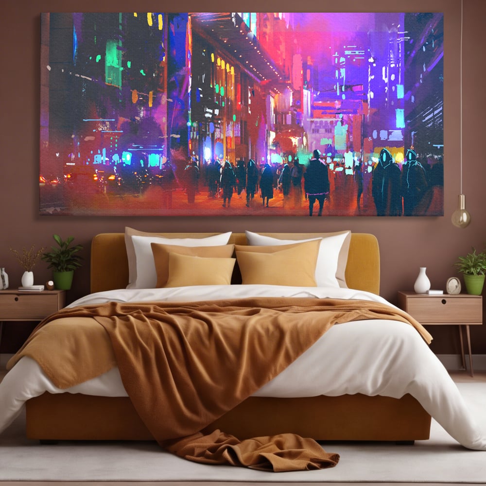 Tablou Canvas Premium LuxCanva® C1063, Downtown Night Walk , Oameni, Lumini, Oras, Living Room, Game Room, Bar Relaxare, Culori Vibrante