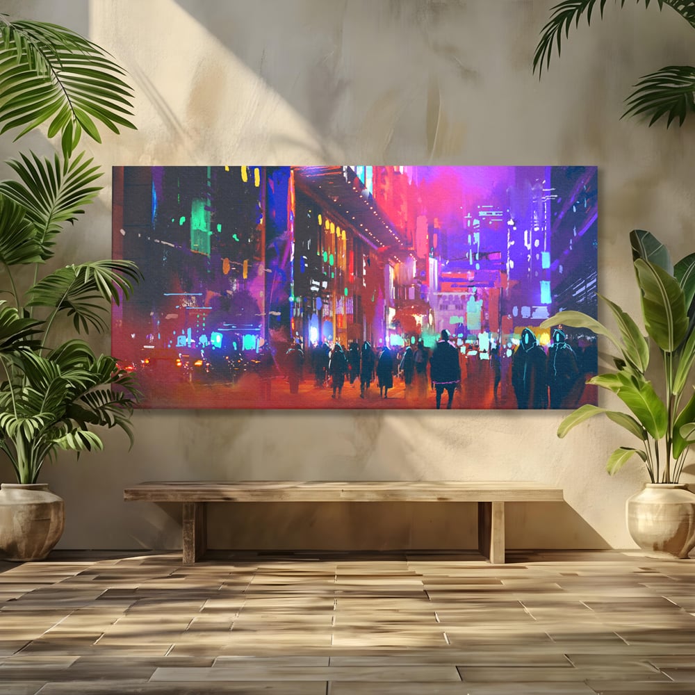 Tablou Canvas Premium LuxCanva® C1063, Downtown Night Walk , Oameni, Lumini, Oras, Living Room, Game Room, Bar Relaxare, Culori Vibrante