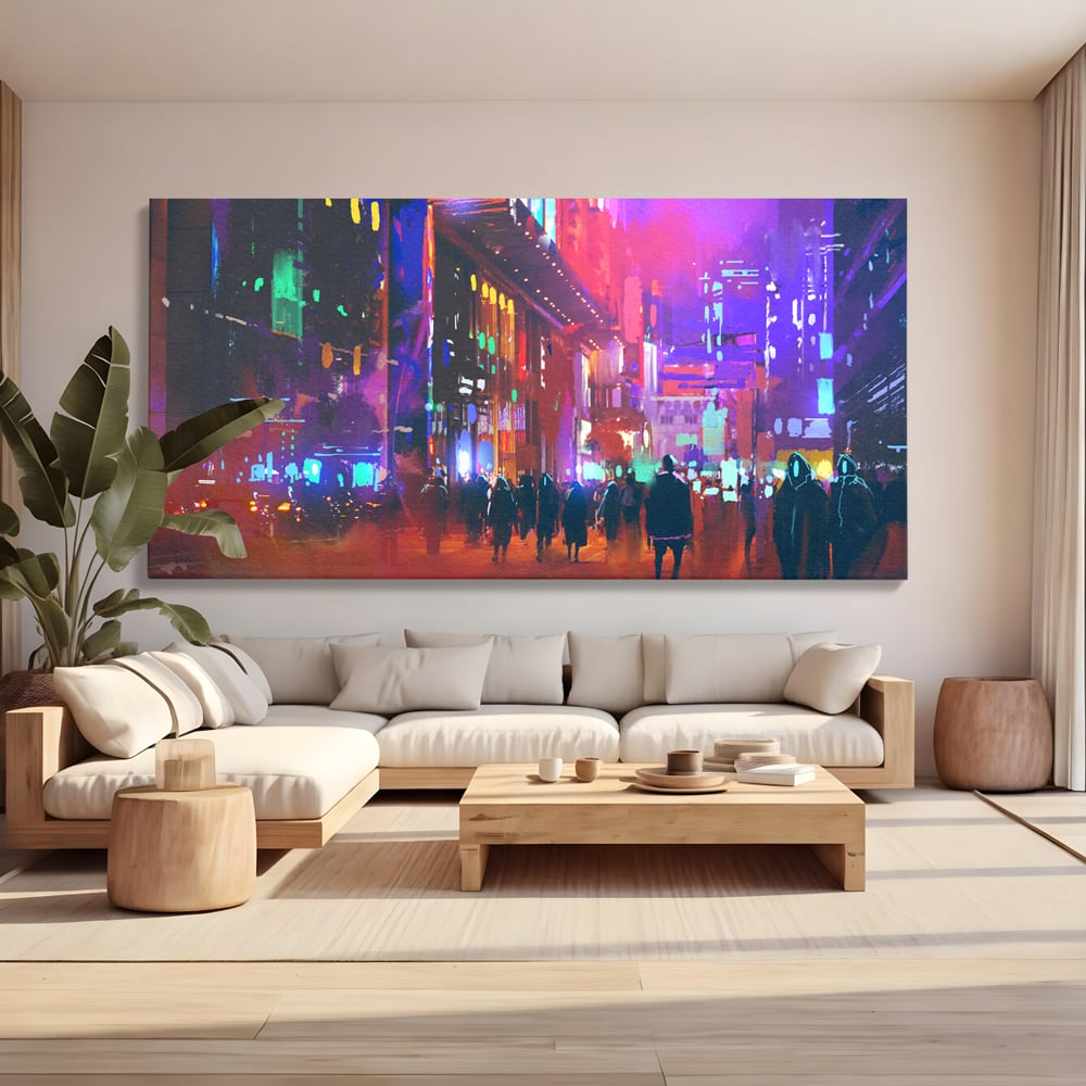 Tablou Canvas Premium LuxCanva® C1063, Downtown Night Walk , Oameni, Lumini, Oras, Living Room, Game Room, Bar Relaxare, Culori Vibrante
