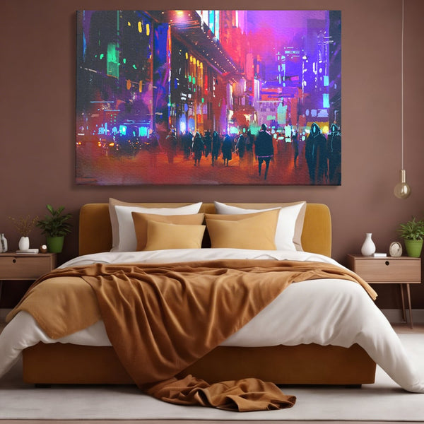 Tablou Canvas Premium LuxCanva® C1063, Downtown Night Walk , Oameni, Lumini, Oras, Living Room, Game Room, Bar Relaxare, Culori Vibrante