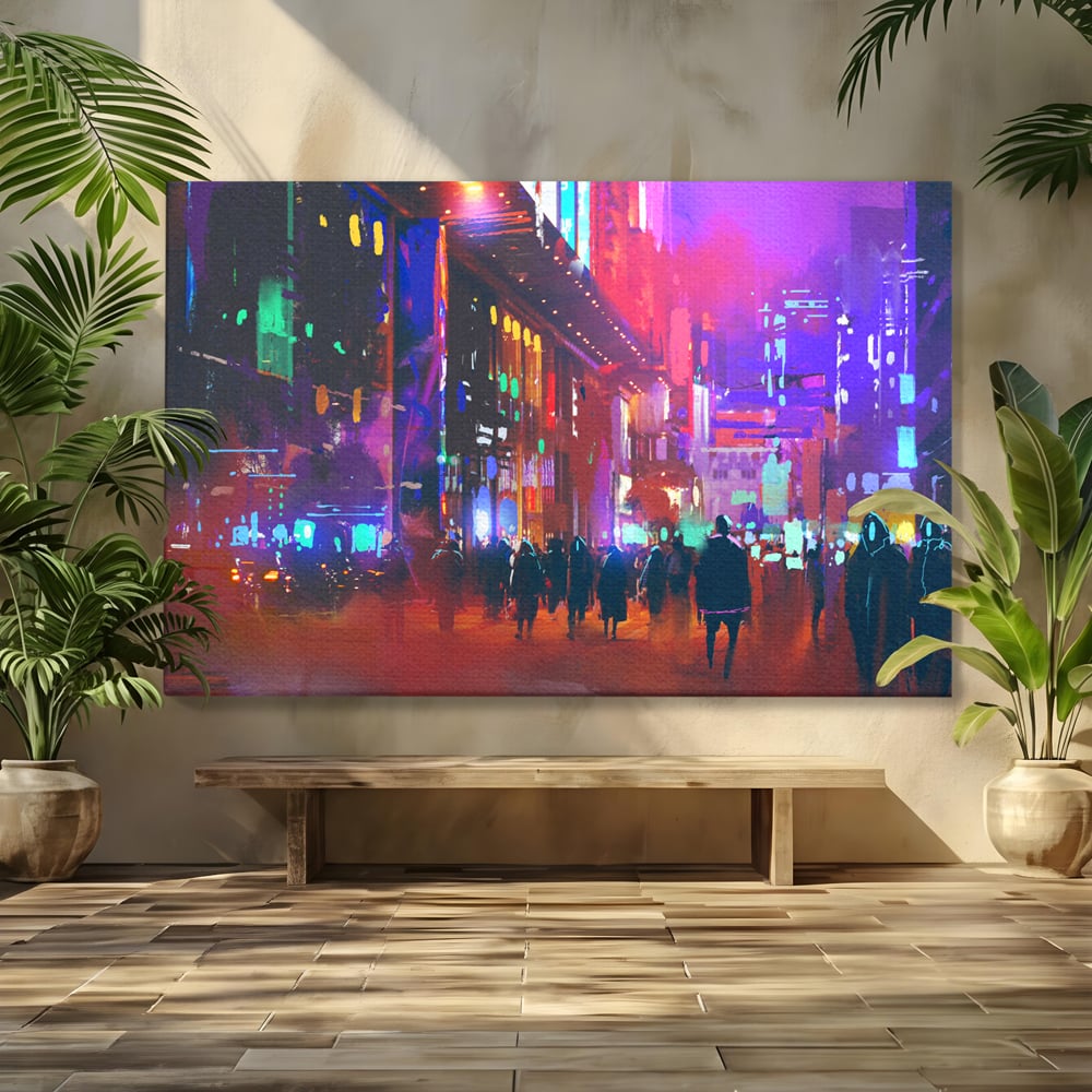 Tablou Canvas Premium LuxCanva® C1063, Downtown Night Walk , Oameni, Lumini, Oras, Living Room, Game Room, Bar Relaxare, Culori Vibrante