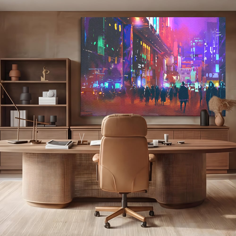Tablou Canvas Premium LuxCanva® C1063, Downtown Night Walk , Oameni, Lumini, Oras, Living Room, Game Room, Bar Relaxare, Culori Vibrante