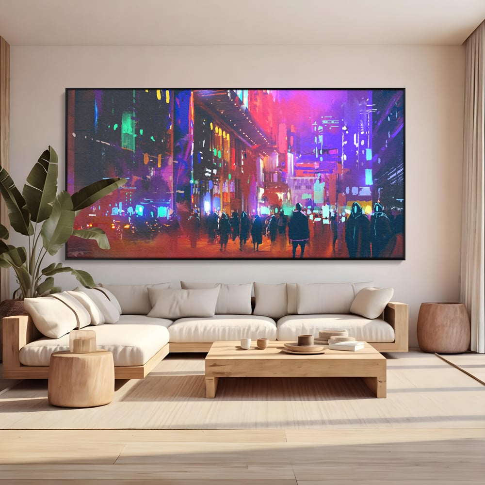 Tablou Canvas Premium LuxCanva® C1063, Downtown Night Walk , Oameni, Lumini, Oras, Living Room, Game Room, Bar Relaxare, Culori Vibrante