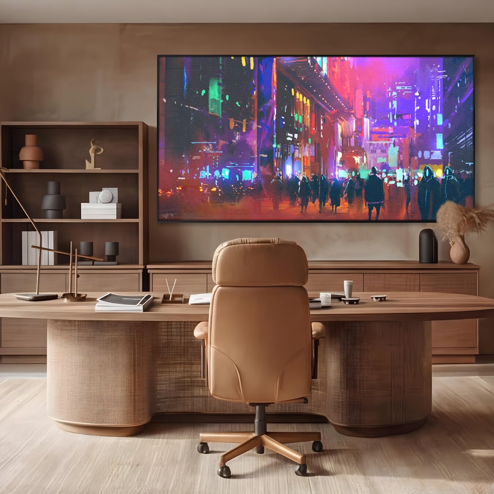 Tablou Canvas Premium LuxCanva® C1063, Downtown Night Walk , Oameni, Lumini, Oras, Living Room, Game Room, Bar Relaxare, Culori Vibrante