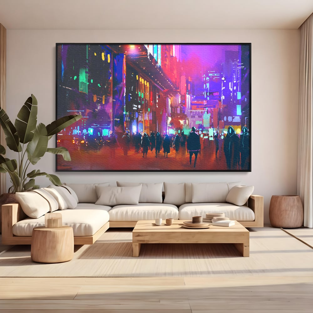 Tablou Canvas Premium LuxCanva® C1063, Downtown Night Walk , Oameni, Lumini, Oras, Living Room, Game Room, Bar Relaxare, Culori Vibrante