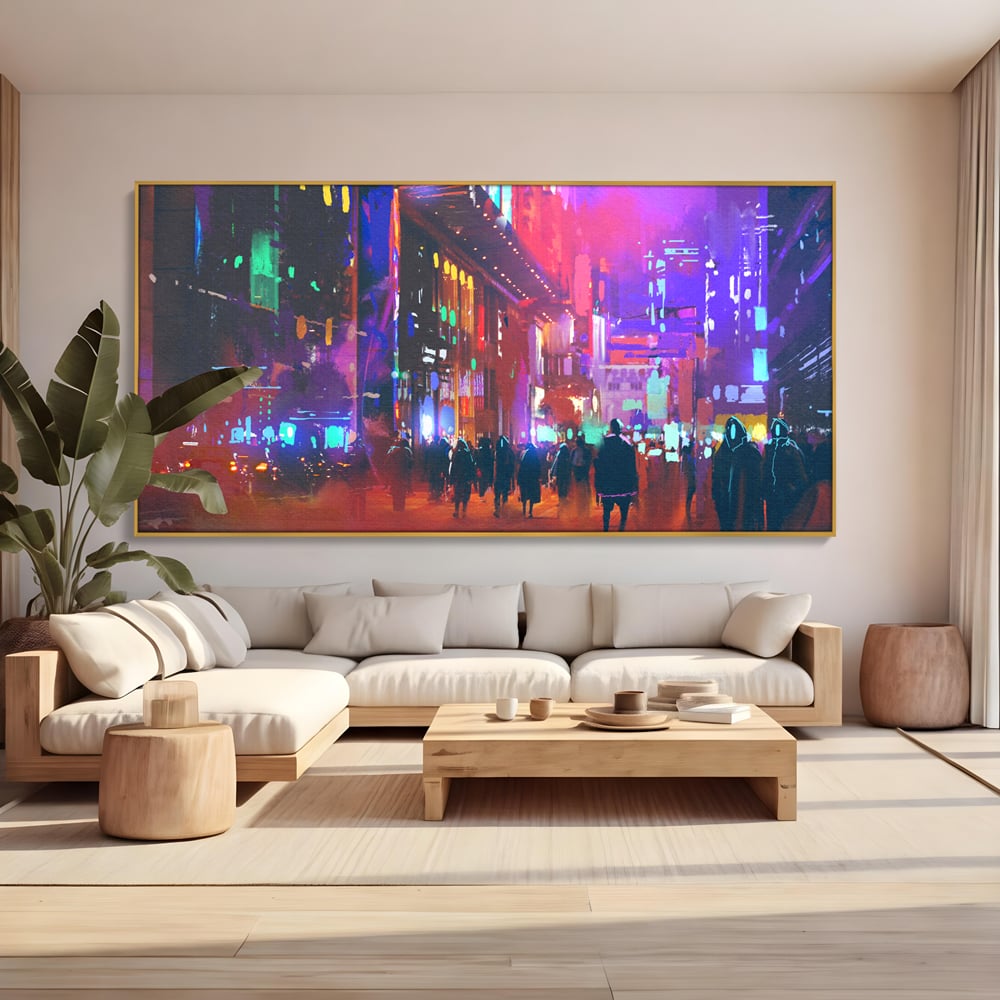 Tablou Canvas Premium LuxCanva® C1063, Downtown Night Walk , Oameni, Lumini, Oras, Living Room, Game Room, Bar Relaxare, Culori Vibrante