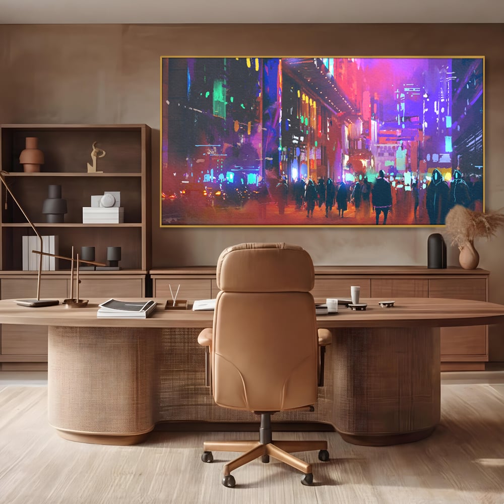Tablou Canvas Premium LuxCanva® C1063, Downtown Night Walk , Oameni, Lumini, Oras, Living Room, Game Room, Bar Relaxare, Culori Vibrante