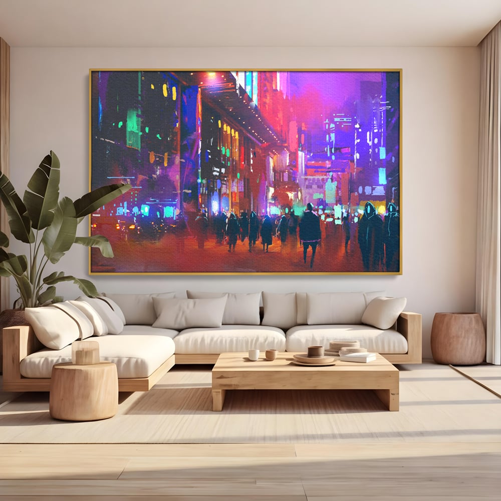 Tablou Canvas Premium LuxCanva® C1063, Downtown Night Walk , Oameni, Lumini, Oras, Living Room, Game Room, Bar Relaxare, Culori Vibrante
