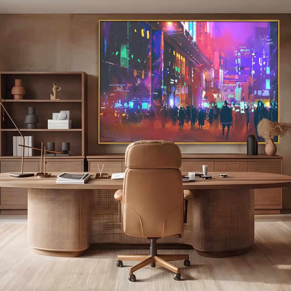 Tablou Canvas Premium LuxCanva® C1063, Downtown Night Walk , Oameni, Lumini, Oras, Living Room, Game Room, Bar Relaxare, Culori Vibrante