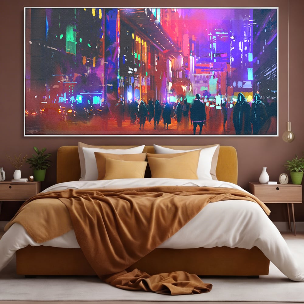 Tablou Canvas Premium LuxCanva® C1063, Downtown Night Walk , Oameni, Lumini, Oras, Living Room, Game Room, Bar Relaxare, Culori Vibrante