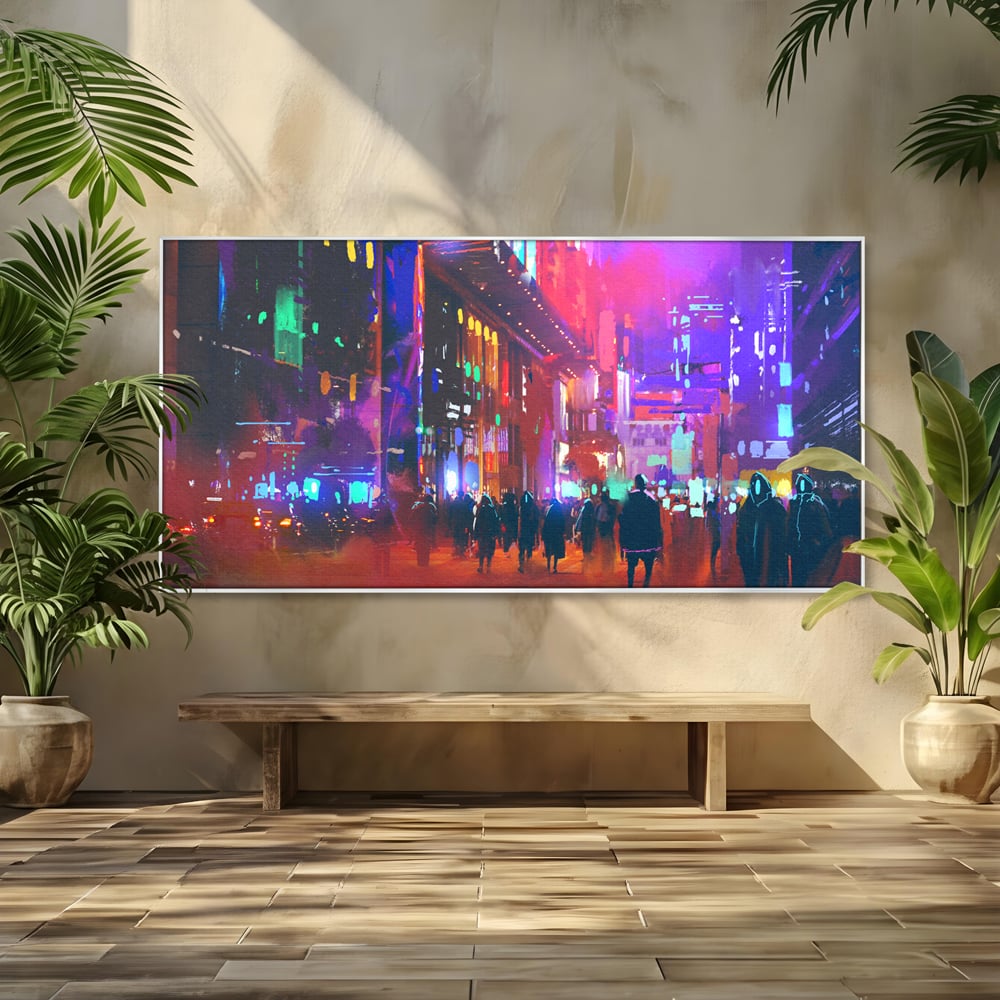 Tablou Canvas Premium LuxCanva® C1063, Downtown Night Walk , Oameni, Lumini, Oras, Living Room, Game Room, Bar Relaxare, Culori Vibrante