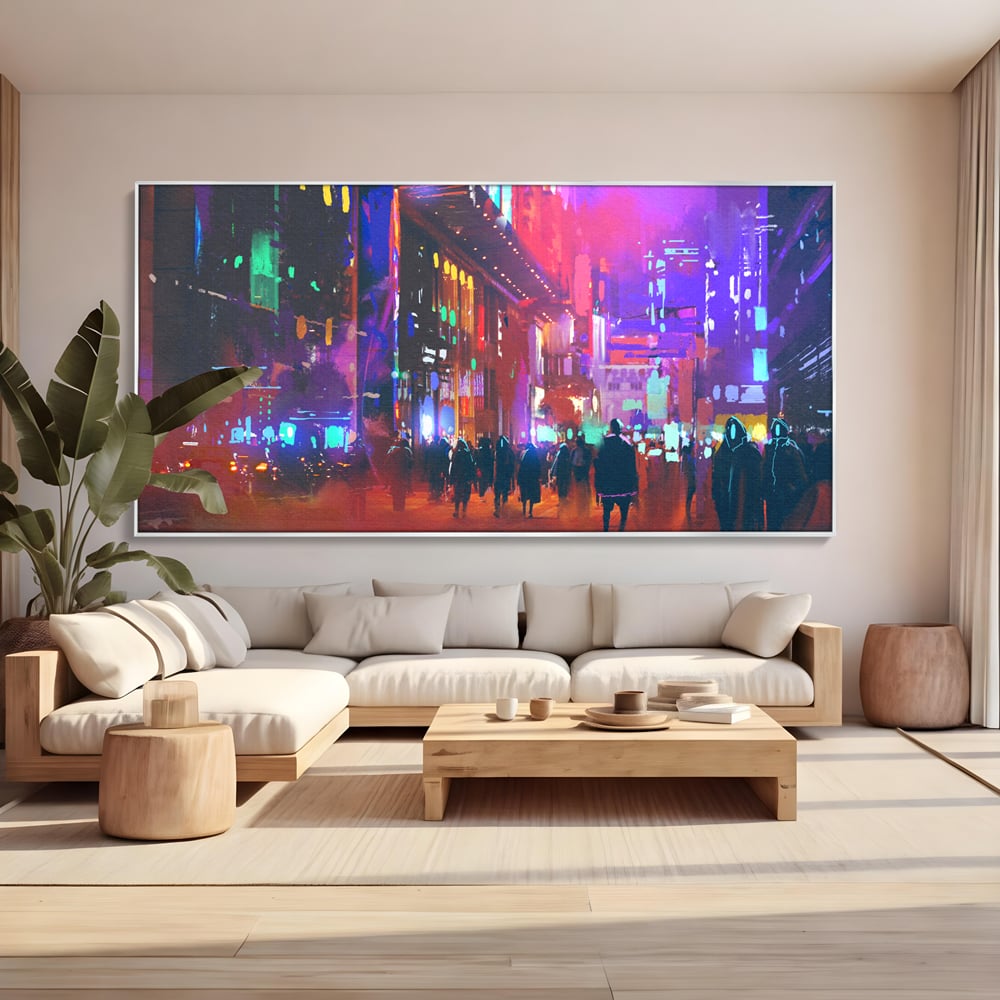 Tablou Canvas Premium LuxCanva® C1063, Downtown Night Walk , Oameni, Lumini, Oras, Living Room, Game Room, Bar Relaxare, Culori Vibrante