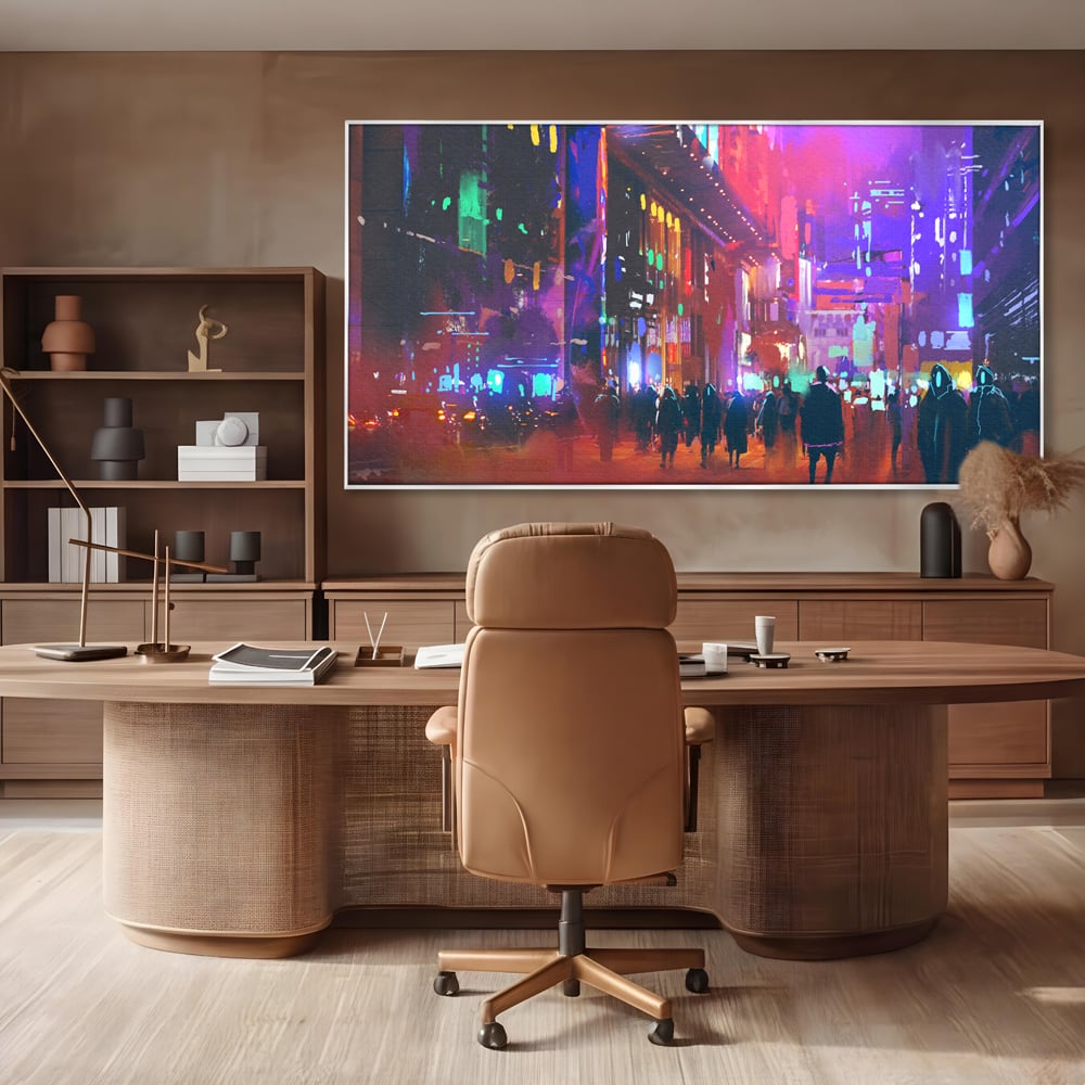 Tablou Canvas Premium LuxCanva® C1063, Downtown Night Walk , Oameni, Lumini, Oras, Living Room, Game Room, Bar Relaxare, Culori Vibrante