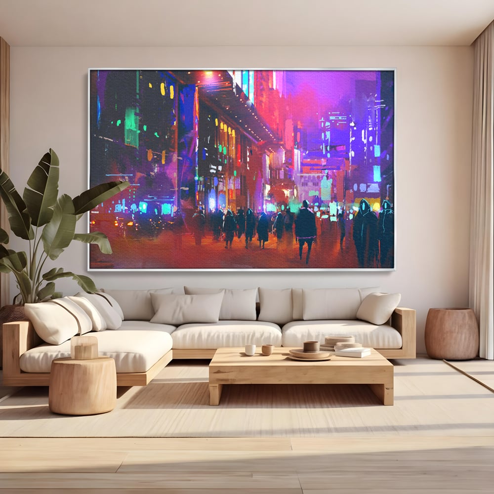 Tablou Canvas Premium LuxCanva® C1063, Downtown Night Walk , Oameni, Lumini, Oras, Living Room, Game Room, Bar Relaxare, Culori Vibrante