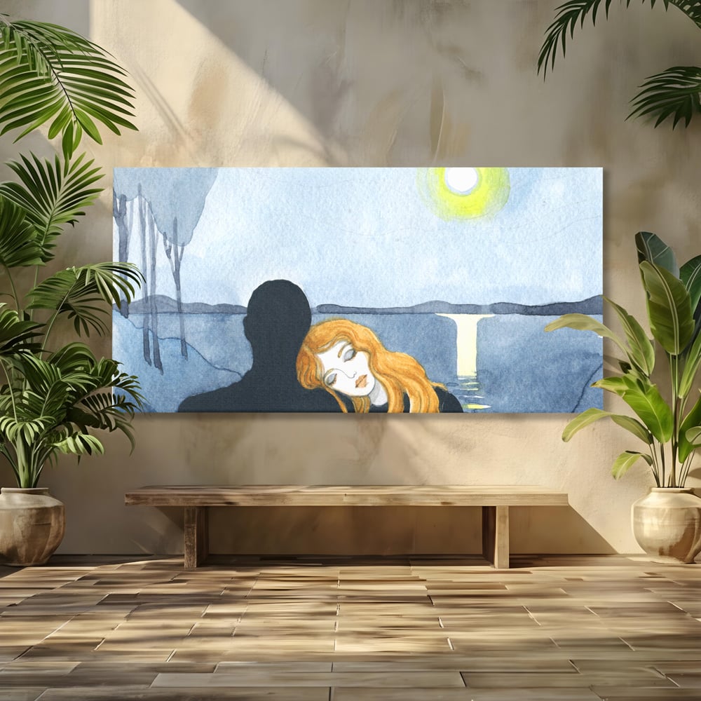Leinwandbilder Premium LuxCanva® C1068, Liebespaar, Sonnenuntergang, See, Liebespaar, Wohnzimmer, Schlafzimmer, entspannend, kräftige Farben