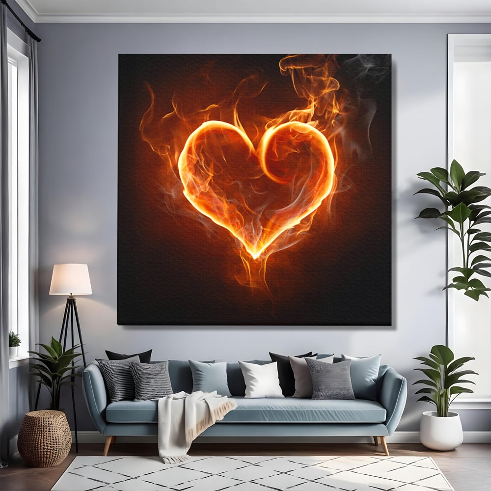 Tablou Canvas Premium LuxCanva® C1073, Flaming Heart ,  Inima, Flacari, Living Room, Bedroom, Relaxare, Culori Vibrante