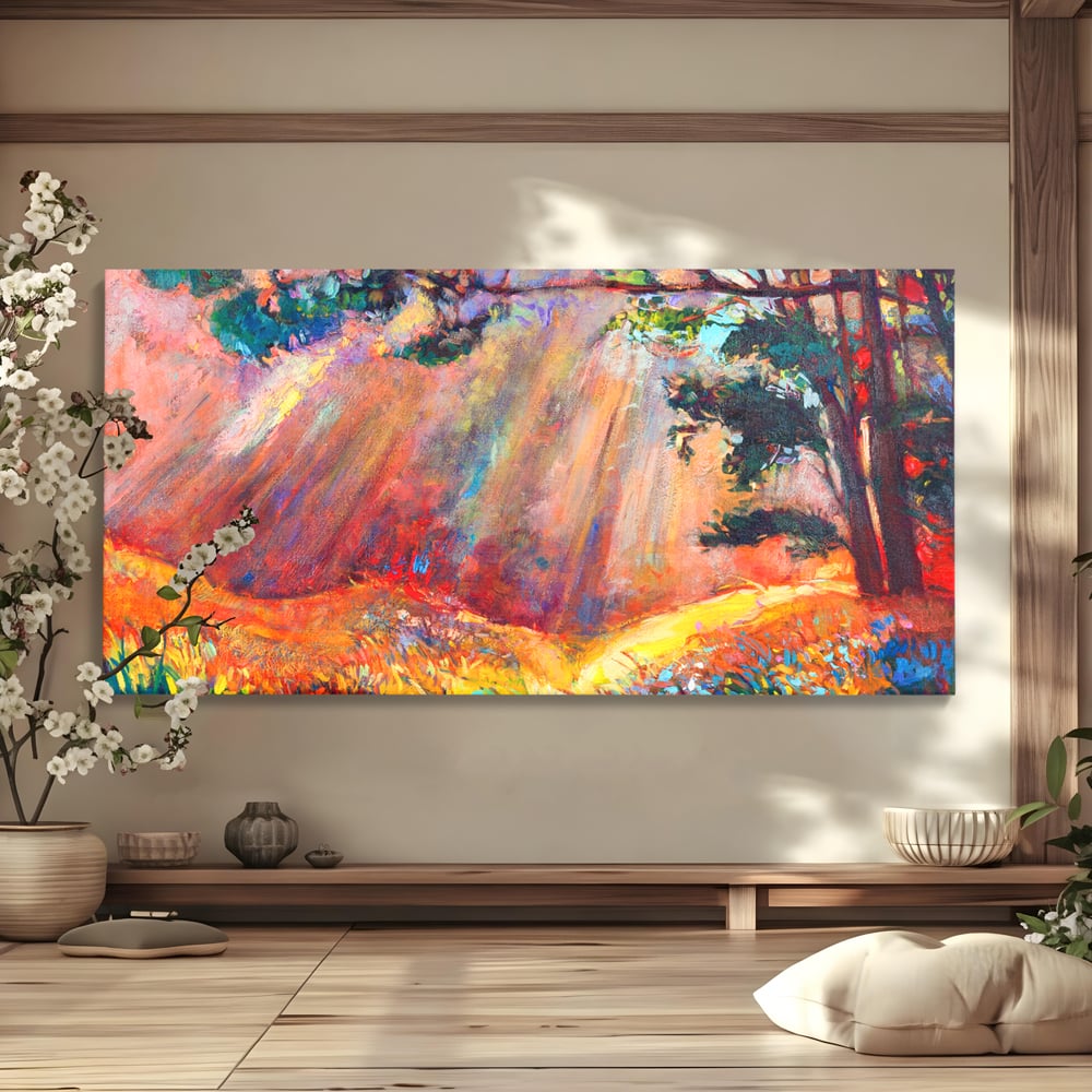 Tablou Canvas Premium LuxCanva® C1074, Razele Soarelui , Diva, Soare, Padure, Copac, Living Room, Bedroom, Relaxare, Culori Vibrante