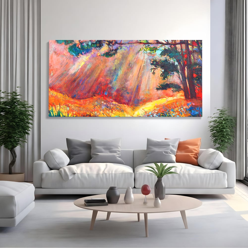 Tablou Canvas Premium LuxCanva® C1074, Razele Soarelui , Diva, Soare, Padure, Copac, Living Room, Bedroom, Relaxare, Culori Vibrante