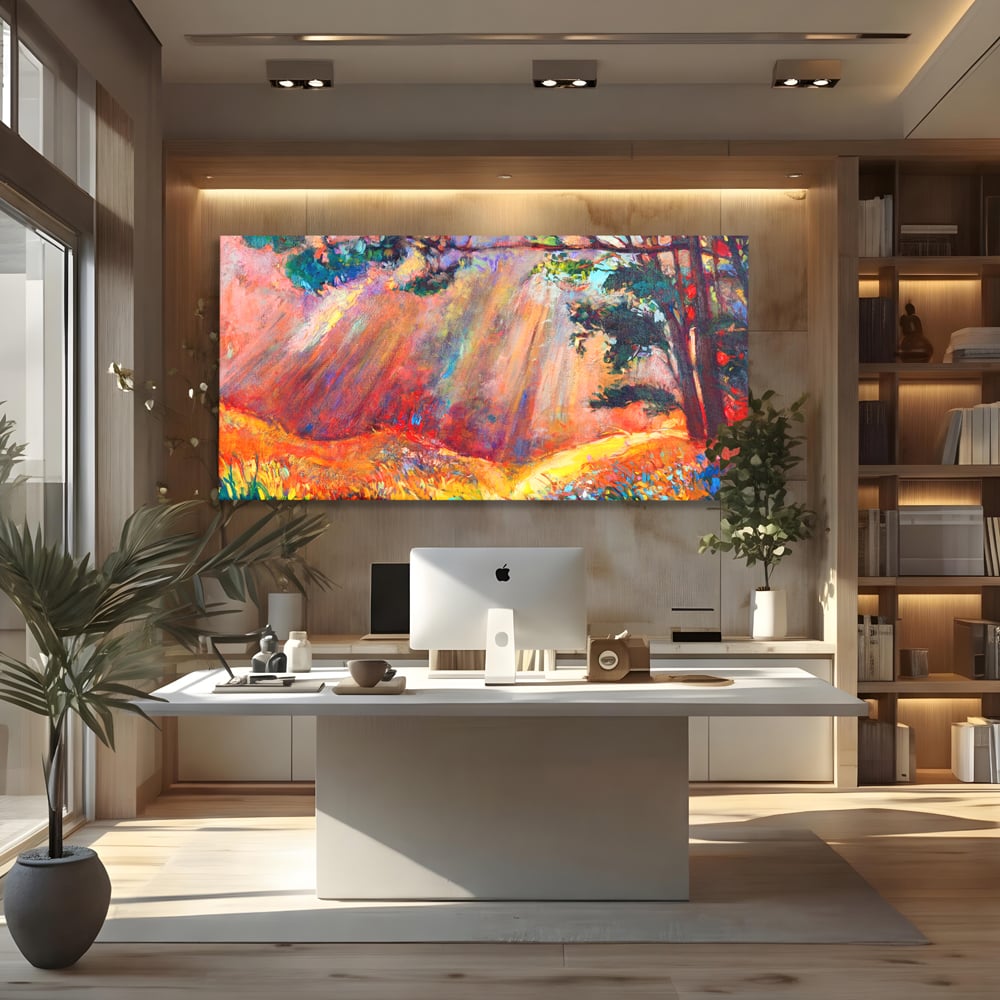 Tablou Canvas Premium LuxCanva® C1074, Razele Soarelui , Diva, Soare, Padure, Copac, Living Room, Bedroom, Relaxare, Culori Vibrante
